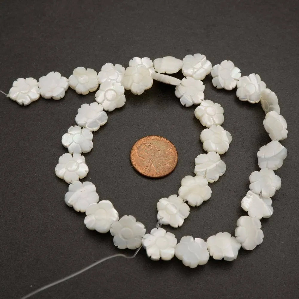 Mother of Pearl (alt) · Carved · Daisy Flower · 12mm, Tejas Beads, Beads