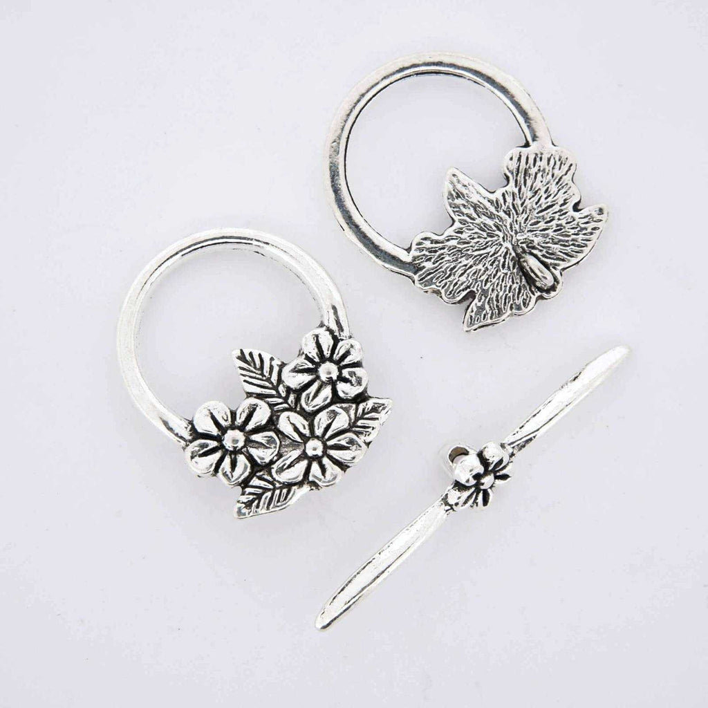 Leaf Flower Toggle Clasp · Antique Silver Plated Finding · 10 sets, Tejas Beads, Jewelry Findings